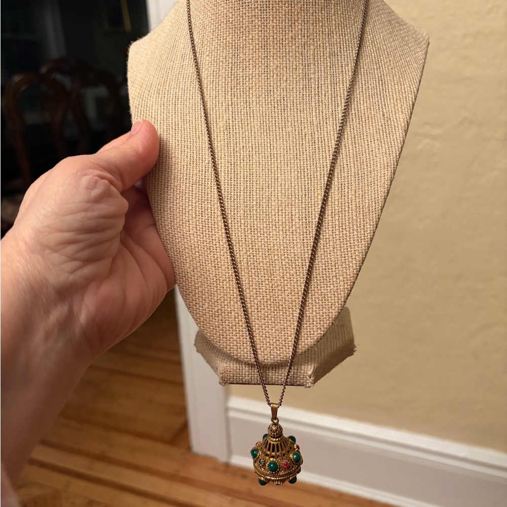 Vintage Florenza Goldtone Green Red Beaded Pendant with necklace mad men vibe - Picture 2 of 13